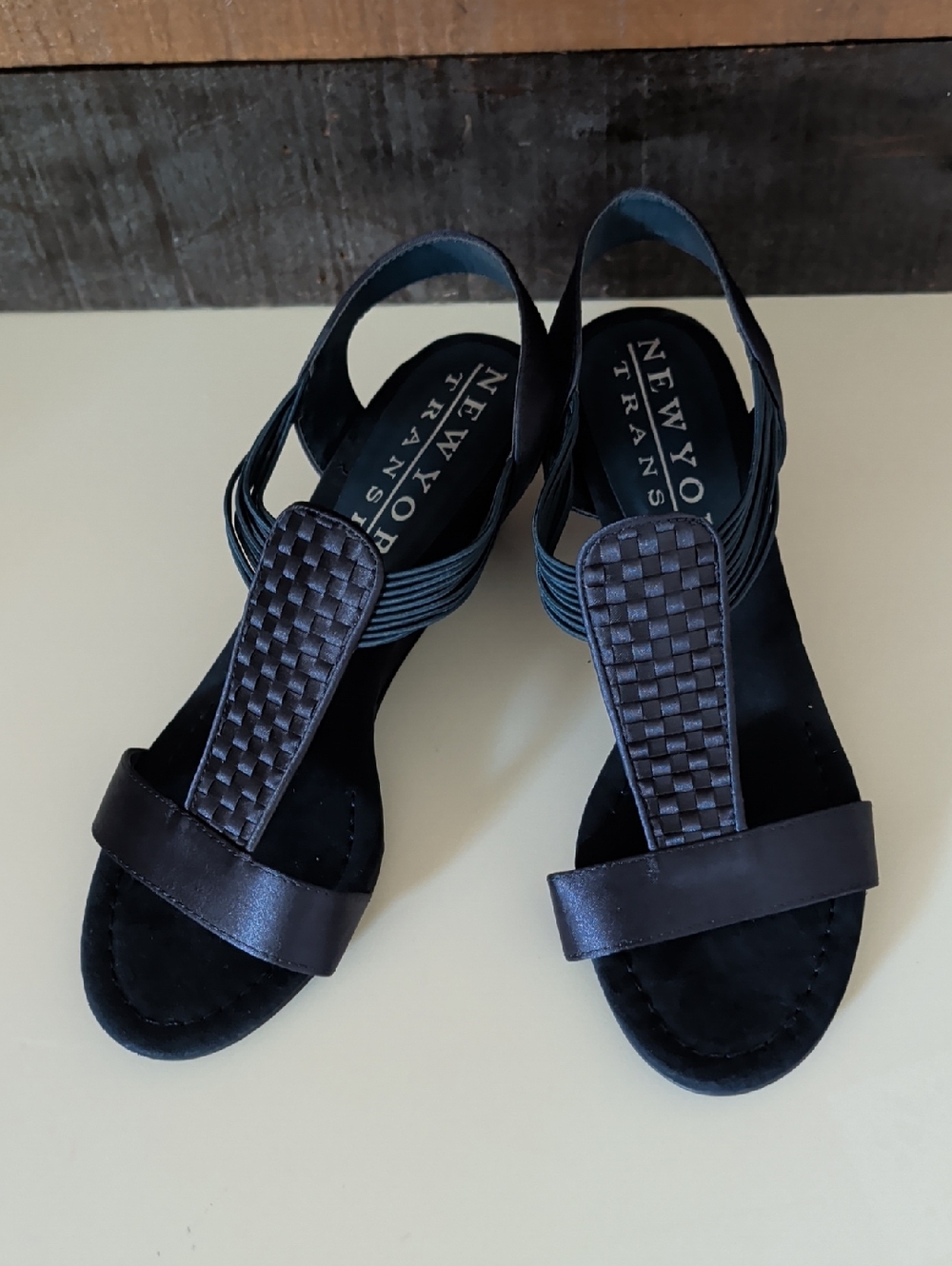 New York Transit Navy Blue Woven T-Strap Slingback Sandals